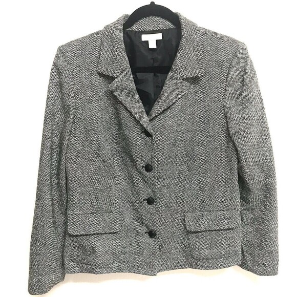 Women's Nordstrom Tweed Wool Silk Blend Blazer Button Jacket Sz 10 Black Gray - Picture 1 of 8